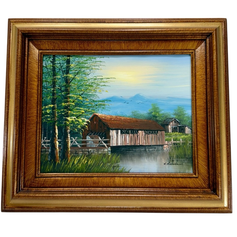 Vintage Oil Painting "Covered Bridge Scene" signed K. Michaelson, Original Frame